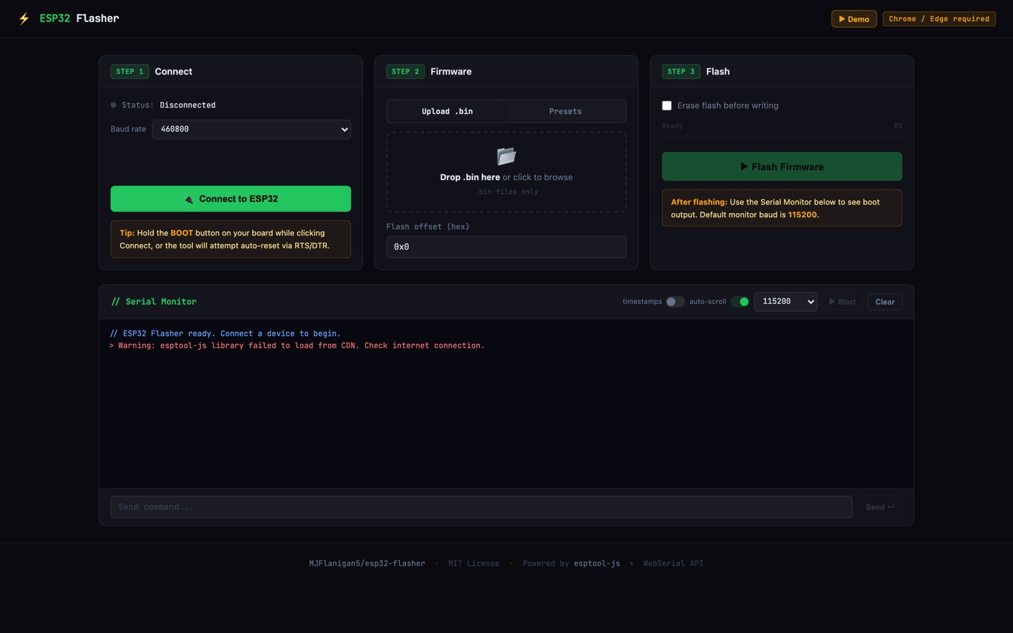 ESP32 Flasher browser interface