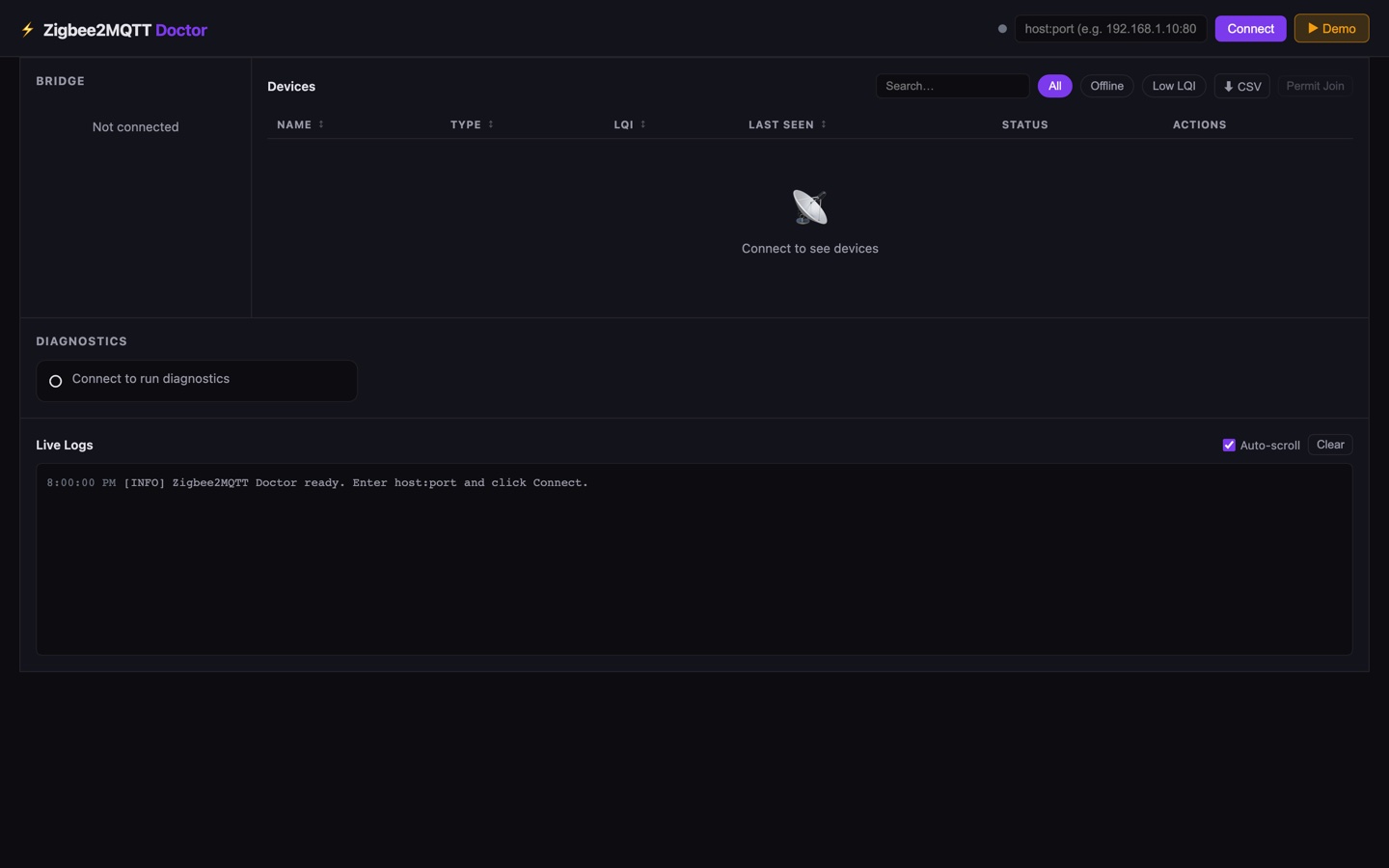 Zigbee2MQTT Doctor dashboard